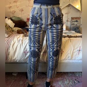 KIMCHI BLUE: Blue and green stripped jeans with floral embroidery